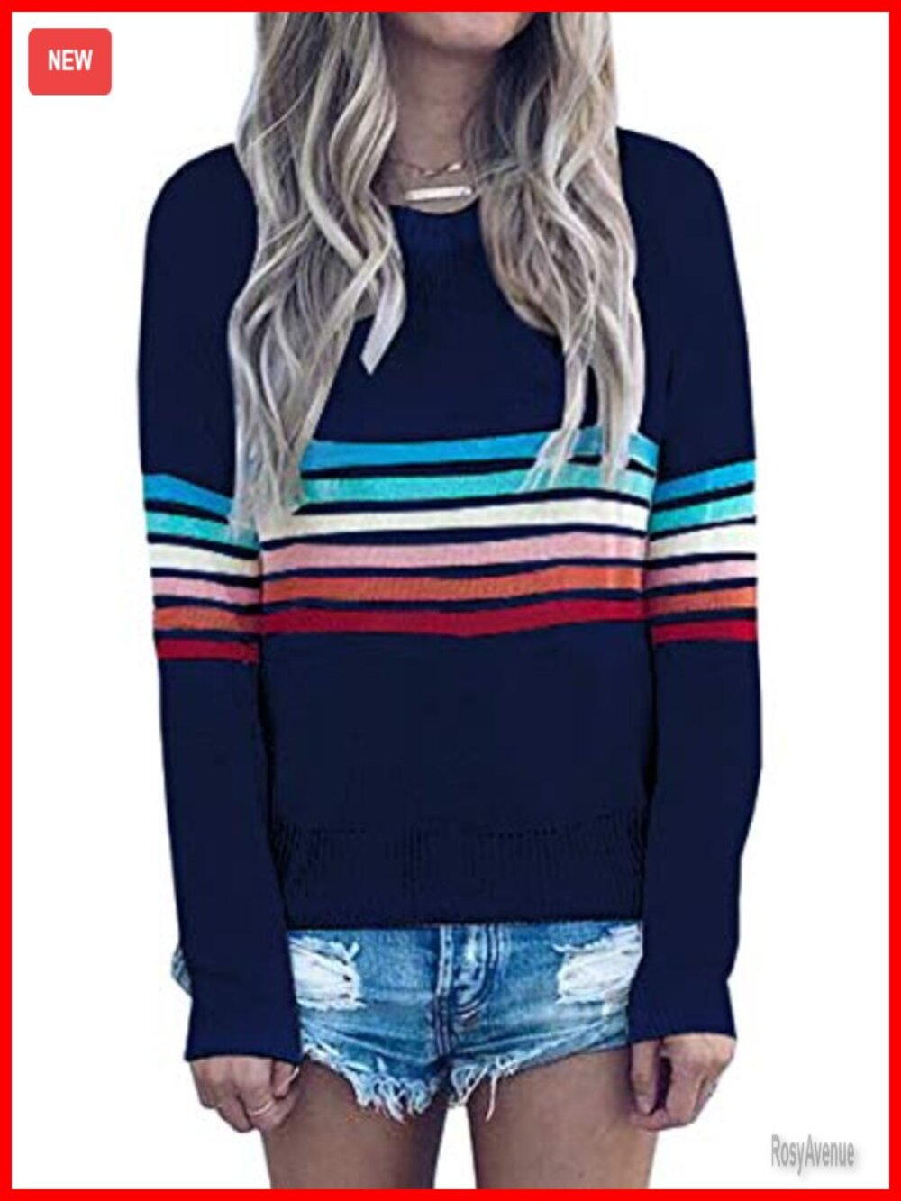 Womens Casual Loose Striped Sweater Crewneck Long Sleeve Soft Knit Pullover